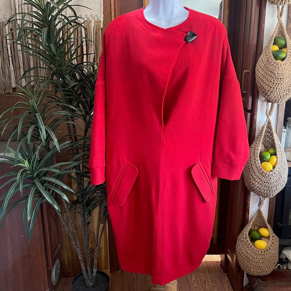 Vintage 60s Red Wool Cocoon Coat I Magnin Mod Swing Dolman Minimalist USA Made